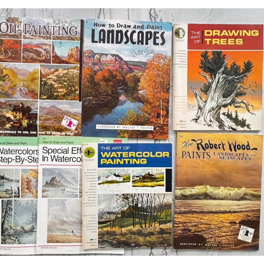 Vtg Art Painting Instruction Books Lot 7 Trees Landscape Seascape Watercolor Oil